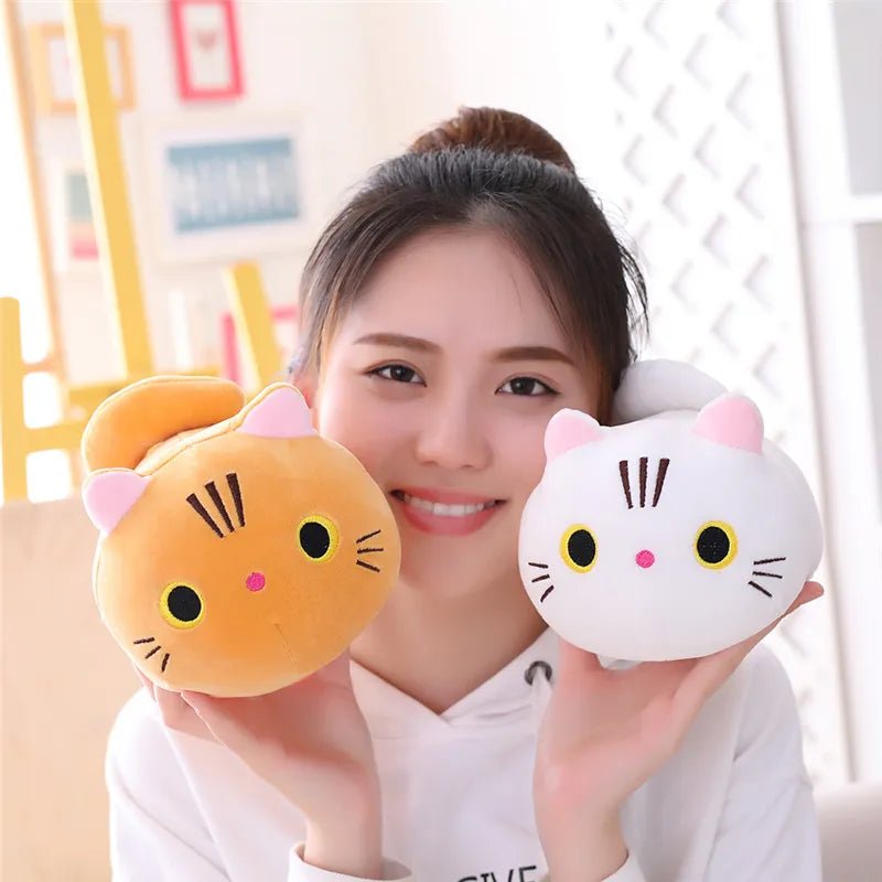 Person holding two cartoon-style cat plush toys, one orange and one white, in a casual setting.