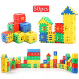 Colorful building blocks set with a castle structure on a white background, labeled '50 pcs'.