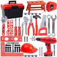 Collection of red and black tools including a toolbox, hammer, wrenches, and drill on a white background.