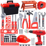 Collection of red and black tools including a toolbox, hammer, wrenches, and drill on a white background.