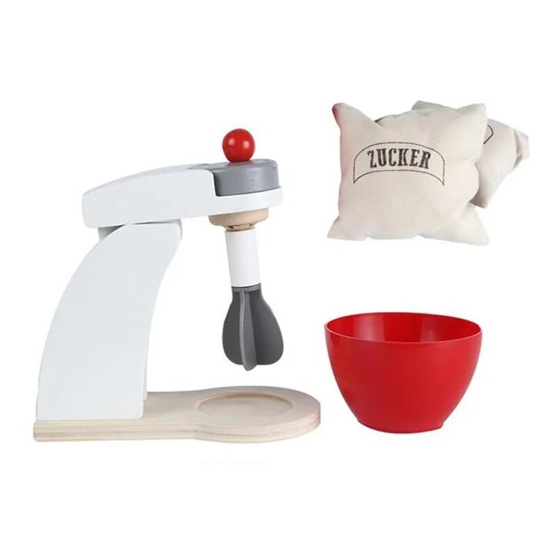 Wooden play kitchen set with mixer, bowl, and sugar bag on a white background