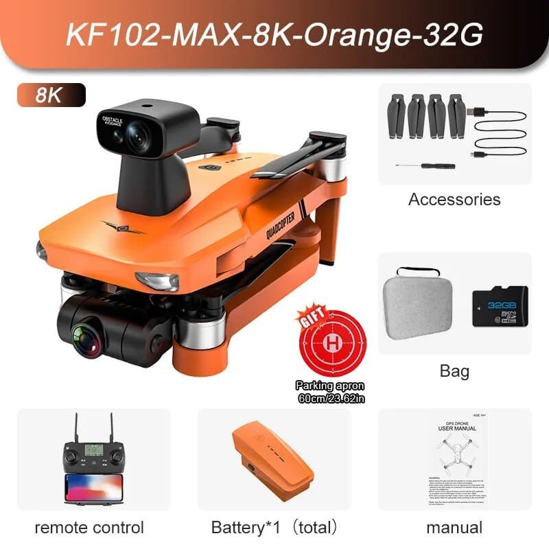 Orange drone with camera and accessories on a white background