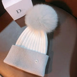 Natural Mink Pom Pom Beanie - Wool, Ear Protection, Kids - grey white, women 55-58cm image