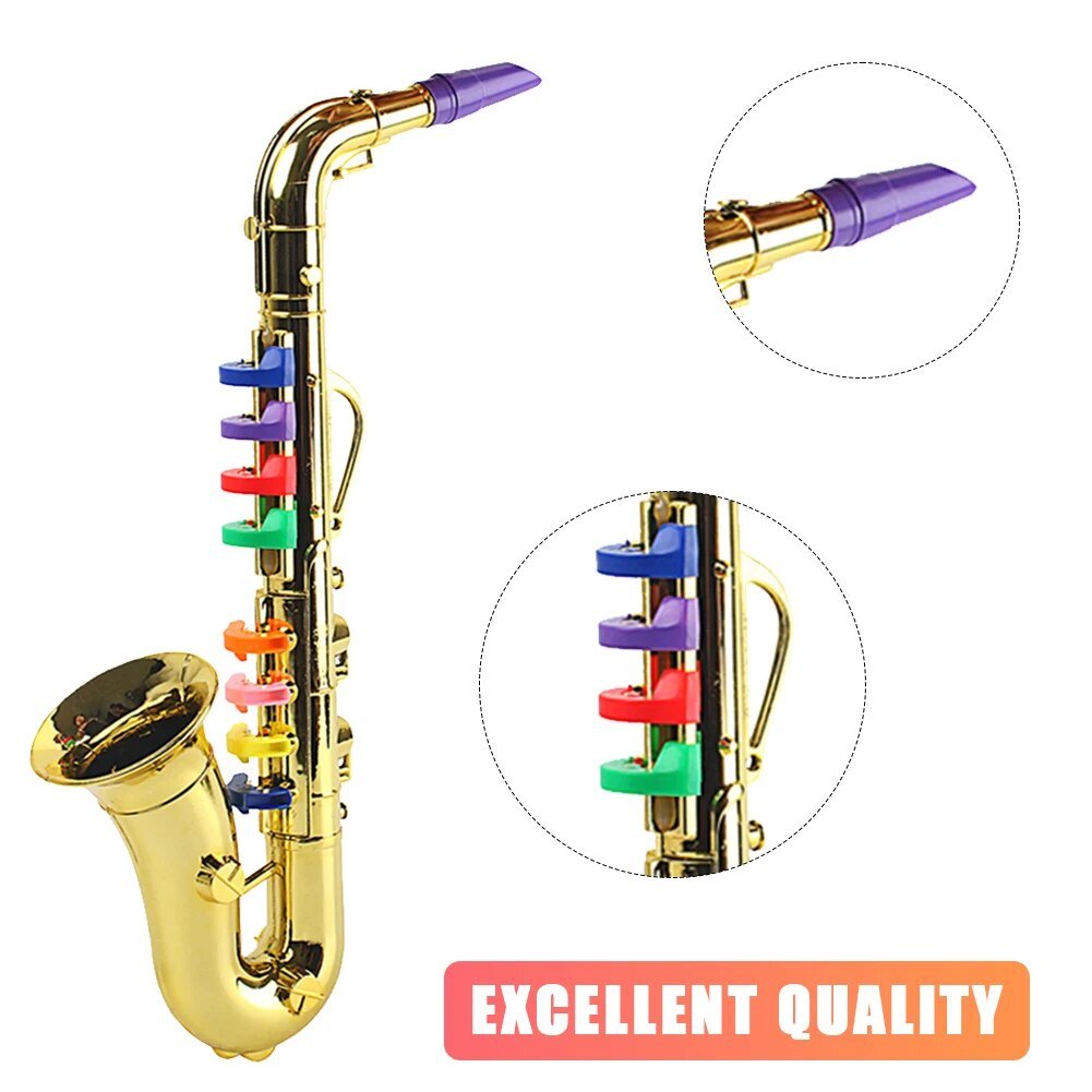 Gold saxophone with colorful key caps on a white background, labeled 'Excellent Quality'.