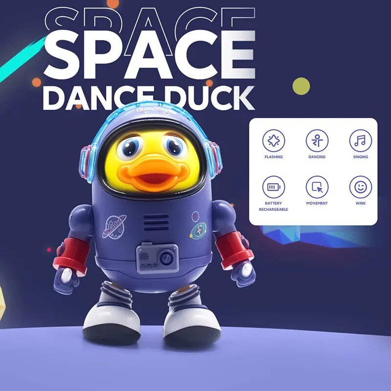 Toy duck in an astronaut suit with 'Space Dance Duck' text and control panel on a dark blue background.