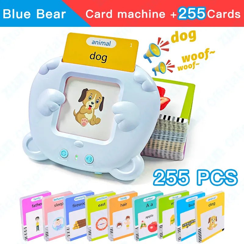 Blue Bear card machine with educational cards on a white background