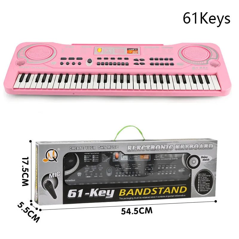 Pink electronic keyboard with 61 keys and its packaging on a white background