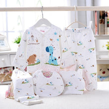 5PCS baby girl spring summer cartoon outfit set shown on hangers, a coordinated newborn wardrobe bundle for everyday dressing.
