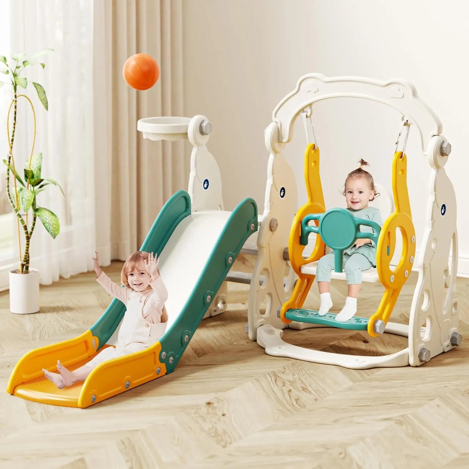 Children's playset with slide and swing in a room with curtains and plant.