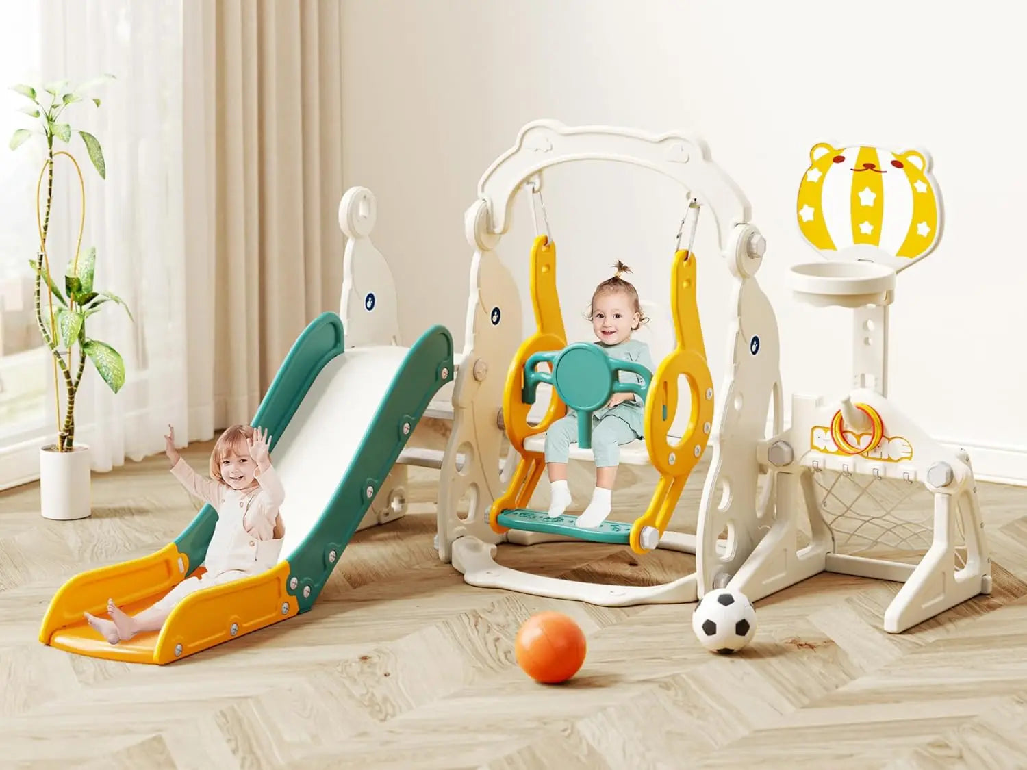 Children's playset with slide, swing, and other toys on a wooden floor.