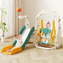 6-in-1 toddler slide and swing playset set up in a living room for everyday indoor play and backyard fun.