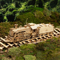 Wooden model train on tracks with a forest background