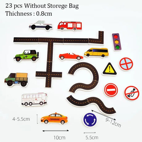 Toy road set with cars, traffic lights, and signs on a white background