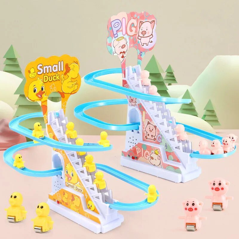 Toy track set with small duck and pig figures on a pastel background
