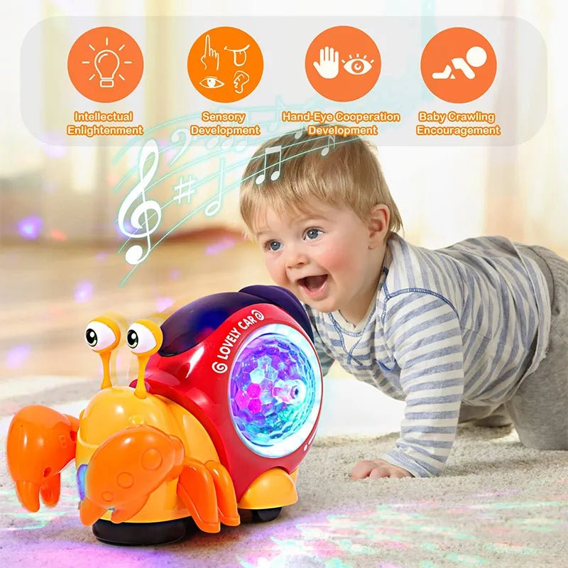 Child playing with a colorful toy car on a soft surface, with developmental benefits highlighted.