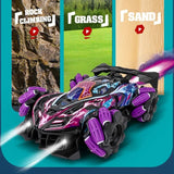 Toy car with purple wheels on a teal background with text indicating different terrains.