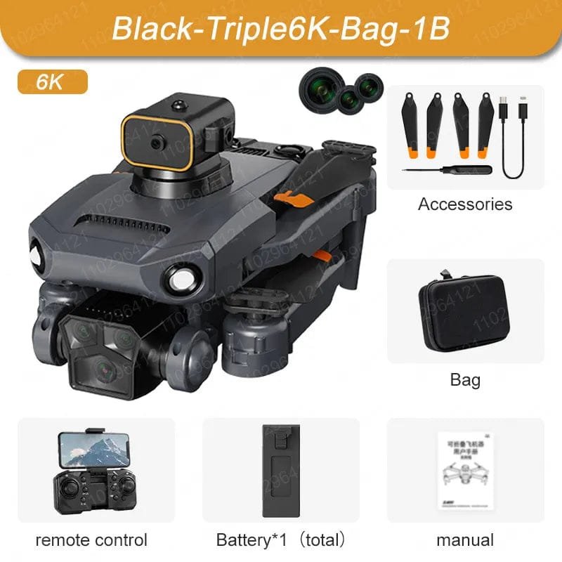 Camera equipment with accessories, remote control, battery, and manual on a white background.