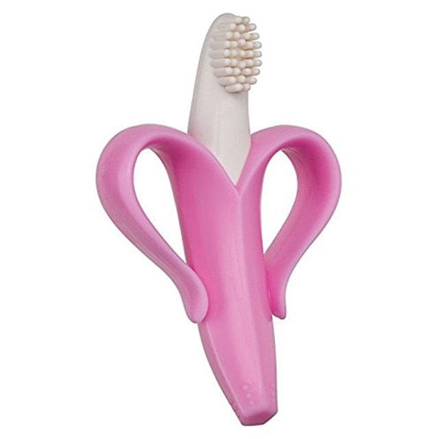Pink banana-shaped toothbrush with a white bristle head on a white background
