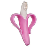 Pink banana-shaped toothbrush with a white bristle head on a white background