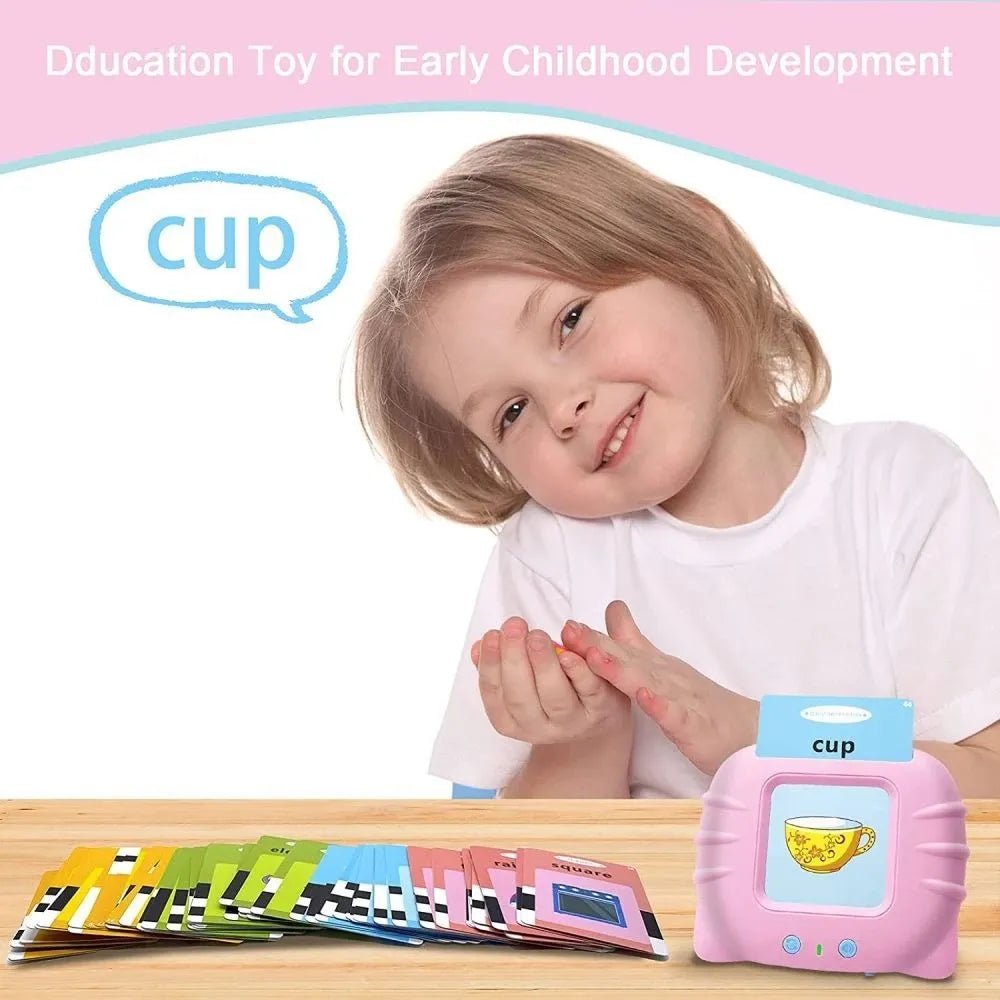 Child with educational toy and flashcards on a table, promoting early childhood development.