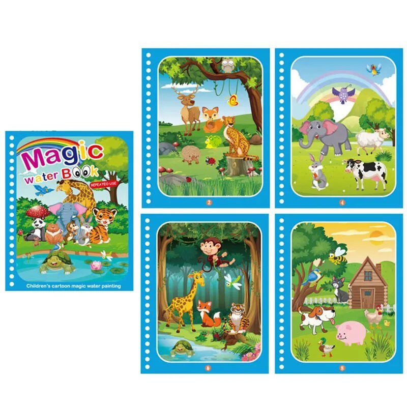 Children's cartoon magic water painting book with animal illustrations on a white background
