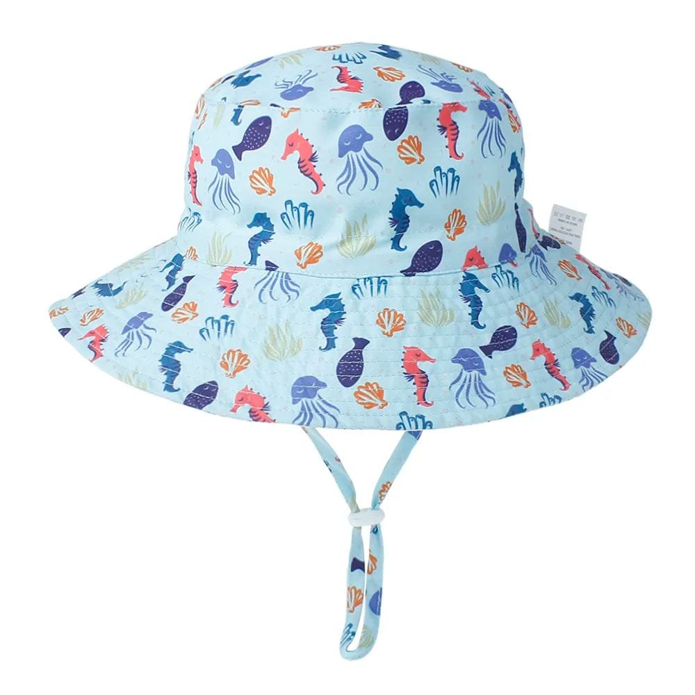 Colorful children's sun hat with sea creature pattern on a white background