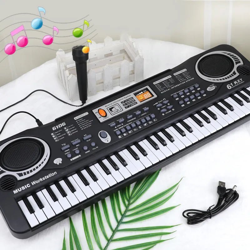 Keyboard with microphone and accessories on a white surface