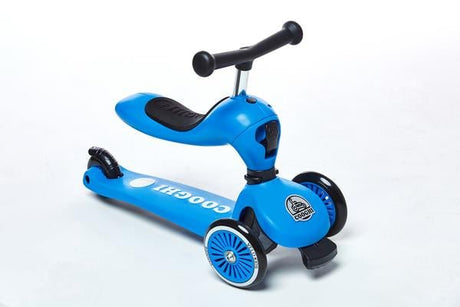 Blue children's scooter with a white background