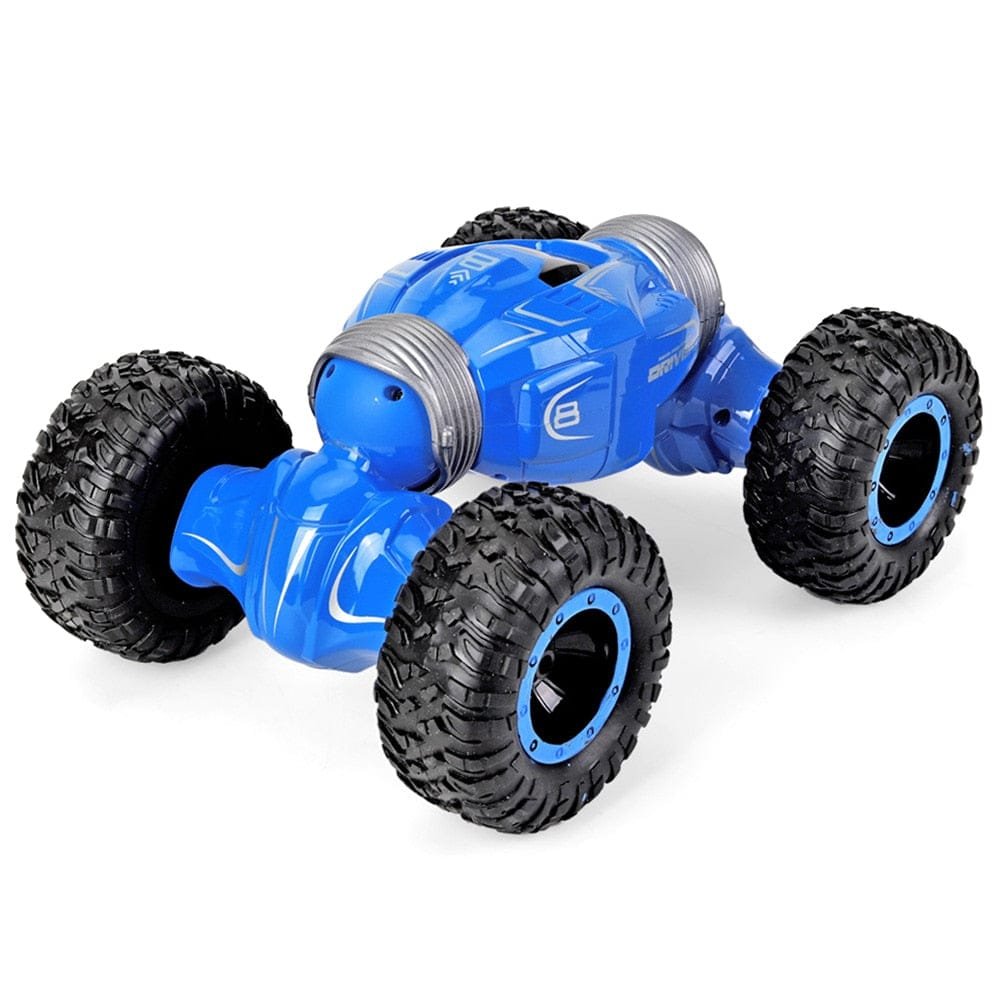 Blue toy car with large black wheels on a white background
