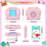 Portable educational toy with dimensions and components on a pink background