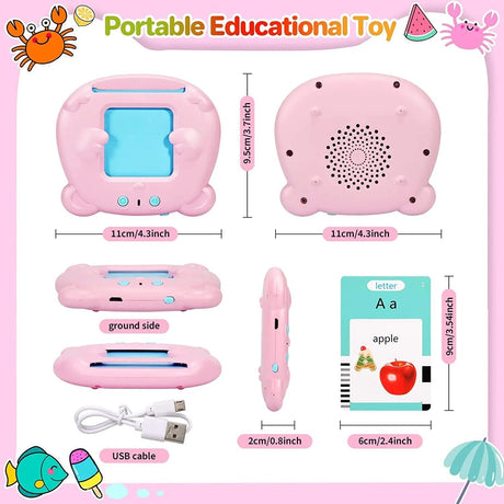 Portable educational toy with dimensions and components on a pink background