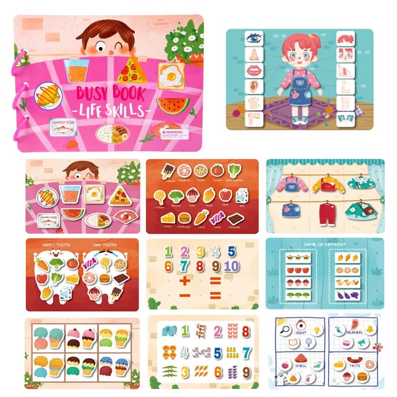 Set of educational children's Busy Books with various life skills and number learning activities.