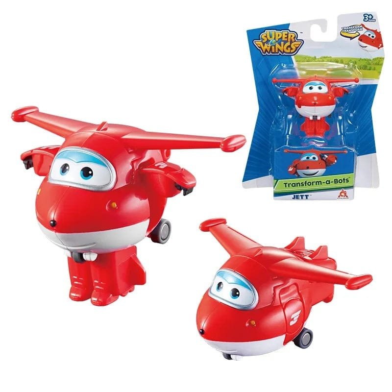 Red toy airplane with transformable robot body next to its packaging on a white background