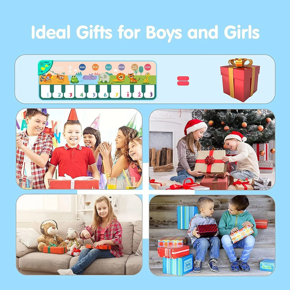 Collage of children with toys and presents, labeled 'Ideal Gifts for Boys and Girls' on a blue background.