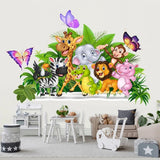 Cartoon animals and butterflies wall mural in a child's room.