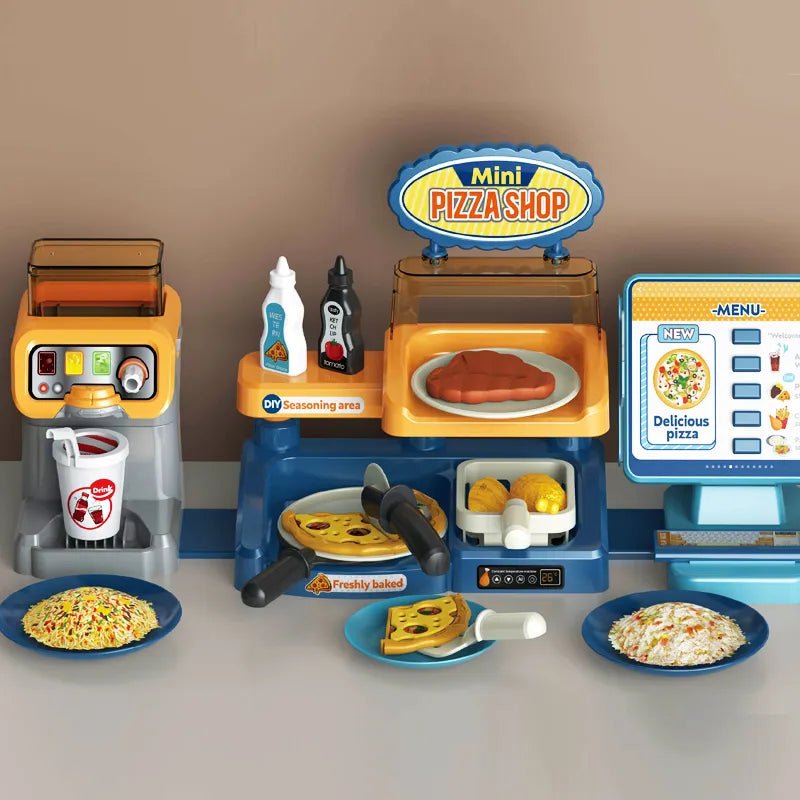 Toy mini pizza shop set with various items on a gray surface.