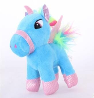 Blue unicorn plush toy with a rainbow mane on a white background
