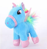 Blue unicorn plush toy with a rainbow mane on a white background