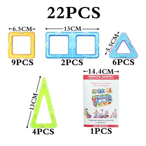 Set of magnetic building toys with measurements and packaging on a white background