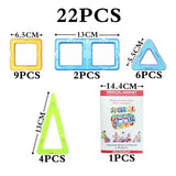 Set of magnetic building toys with measurements and packaging on a white background