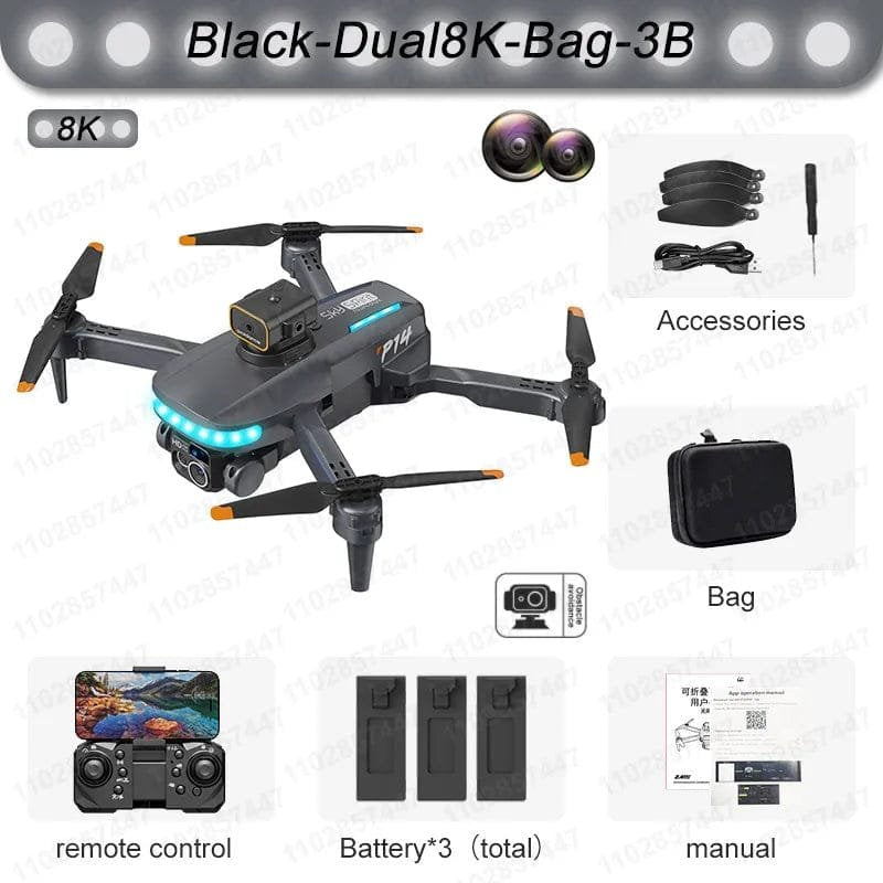 Black dual 8K drone with accessories on a white background