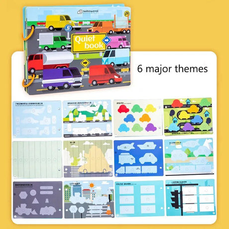 Children's quiet book with various themed pages on a yellow background