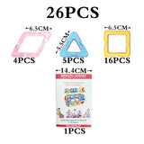 Set of colorful magnetic building frames with packaging on a white background