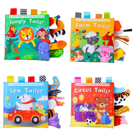 Set of four colorful children's books with animal illustrations on a white background