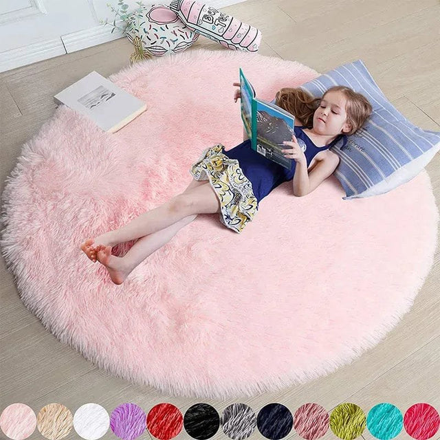 Child lying on a fluffy pink rug reading a book, with color swatches at the bottom.