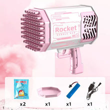 Pink 69-hole Rocket Bubble Gun automatic blower with LED lights for evening bubble play and kids party fun.