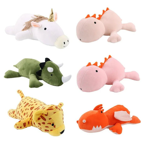 Set of colorful plush toys shaped like animals on a white background
