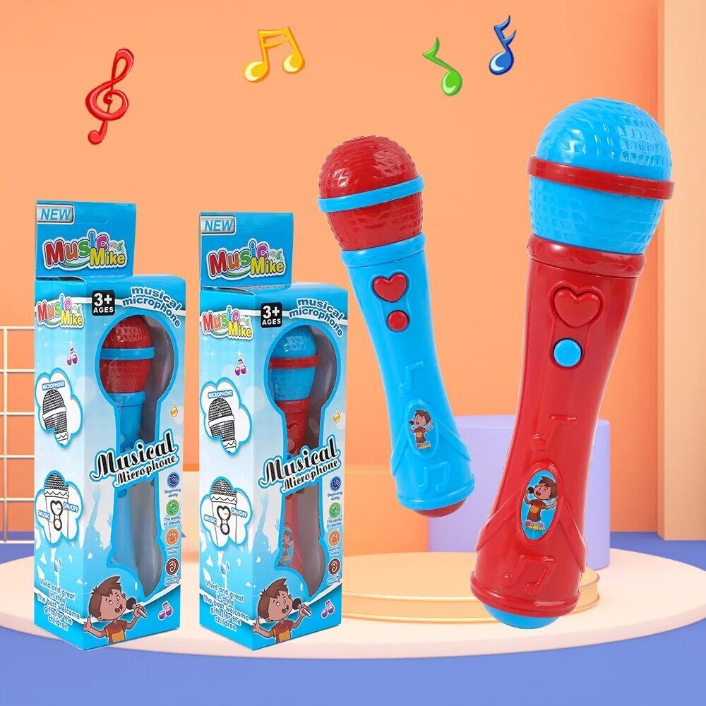 Red and blue toy microphone with packaging on a colorful background