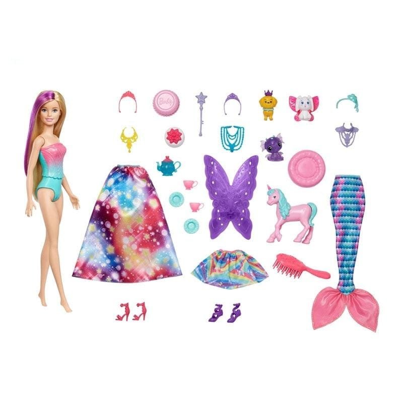 Barbie doll with colorful accessories on a white background