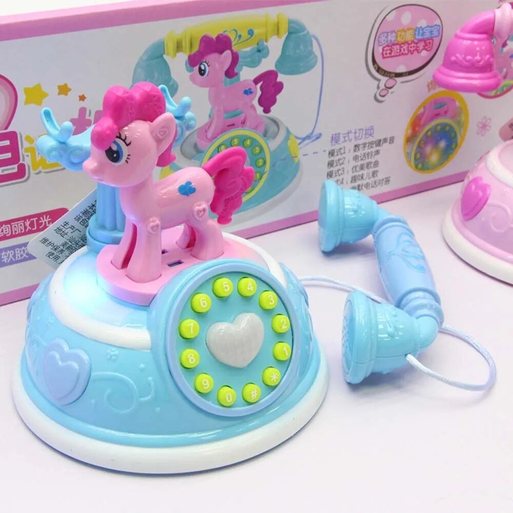 Toy phone with a pink pony figure on top, set against a colorful background.